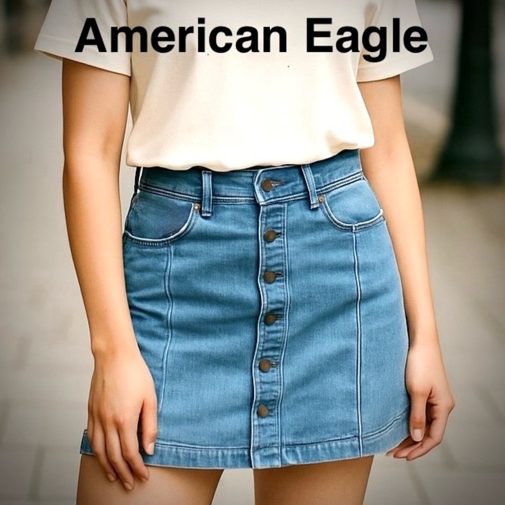 AMERICAN EAGLE Super Stretch Button Front Denim Jean Mini Skirt size 0 Y2K Retro
